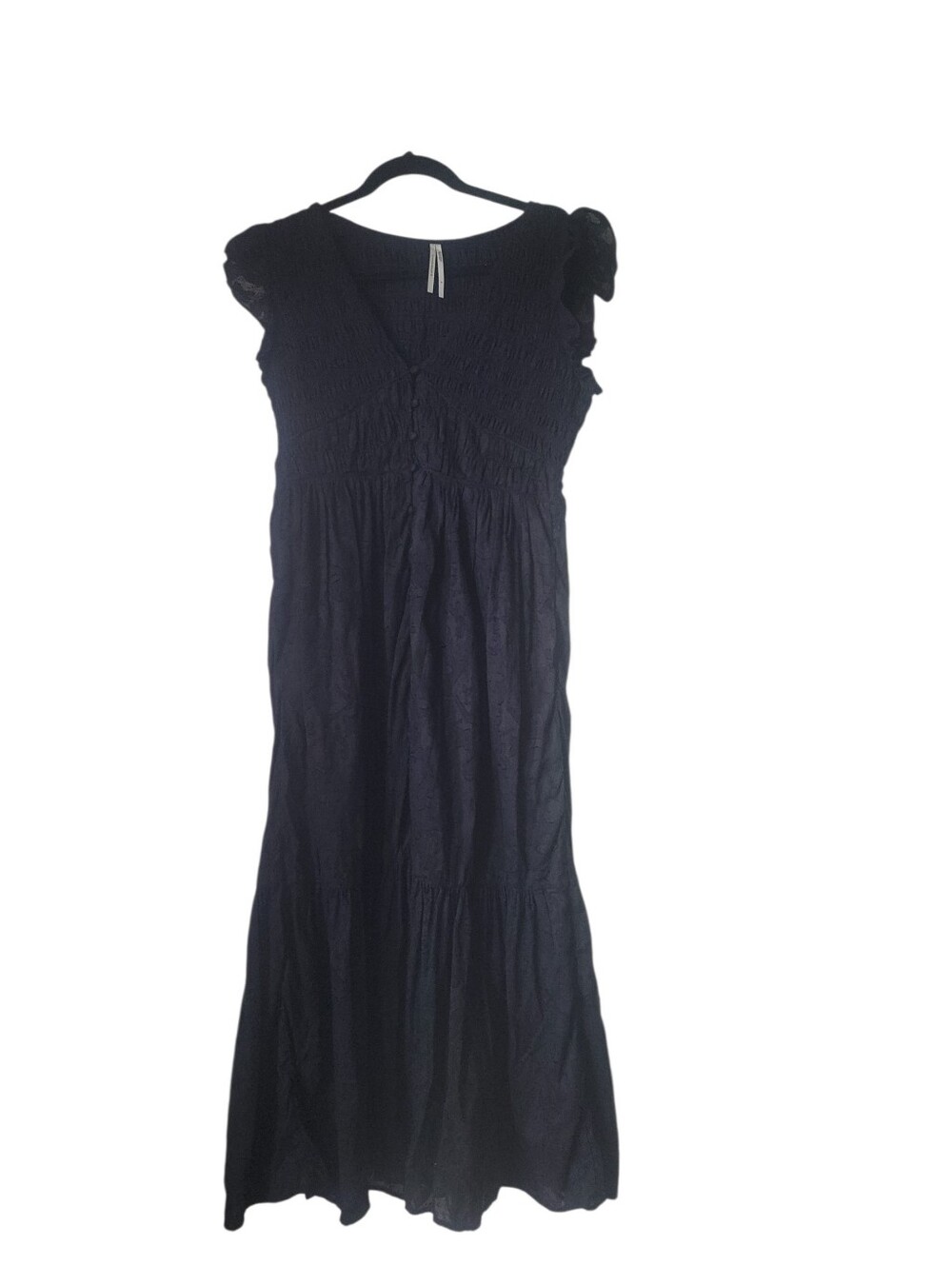 Anthropologie Black Maxi Dress w/Fluttery Cap Sleeve Tiered Button Front Skirt - Picture 11 of 12